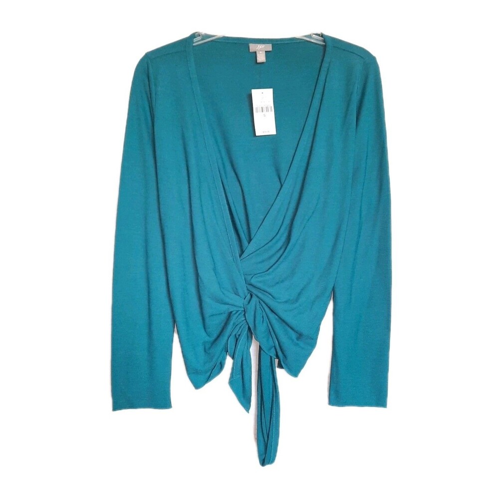 NWT J. Jill LS Jersey Wrap Knit Top Side Tie Teal / Blue Travel Layer Sz S